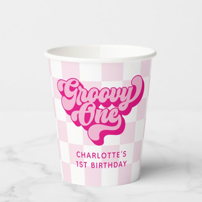 Retro Hot Pink Groovy One Checker Paper Cups (Left)