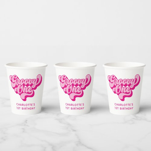 Retro Hot Pink Groovy One Paper Cups