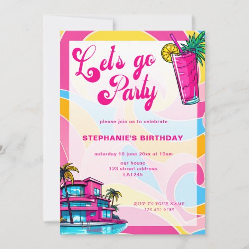 Retro Hot Pink Lets Go Party Birthday Invitation