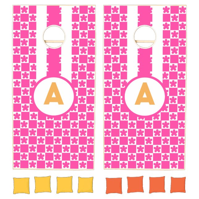 Retro Hot Pink Monogram Cornhole Set (Set)