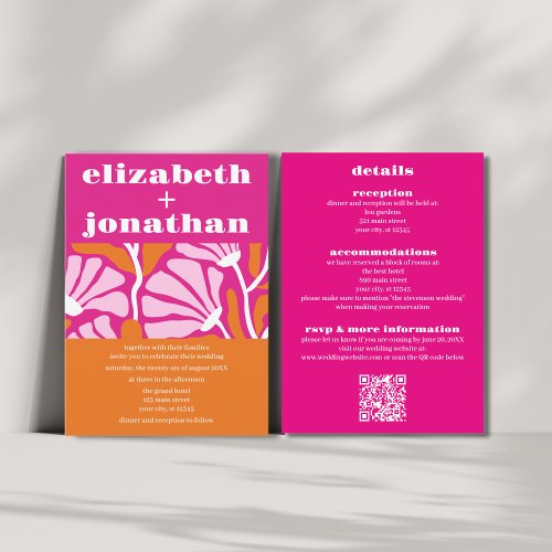 Retro Hot Pink Orange Bold Abstract Floral Wedding Invitation