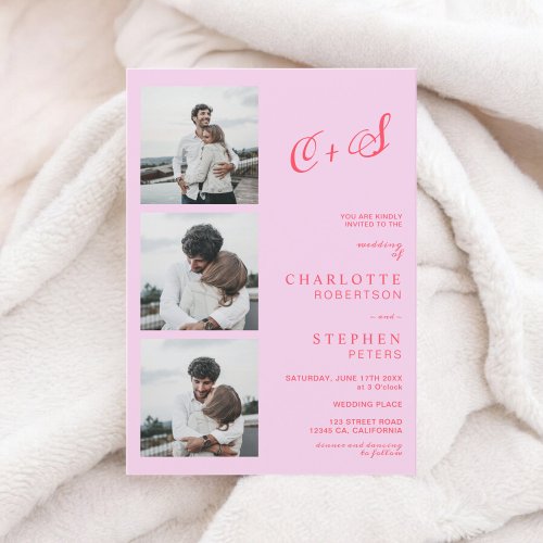 Retro hot pink red casual initials photo wedding invitation