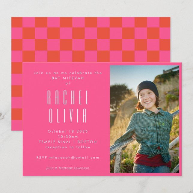 Retro Hot Pink Red Checkerboard Photo Bat Mitzvah Invitation (Front/Back)