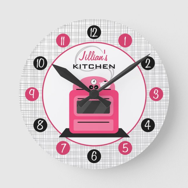 Retro Hot Pink Stove Personalized Kitchen Clock (Front)