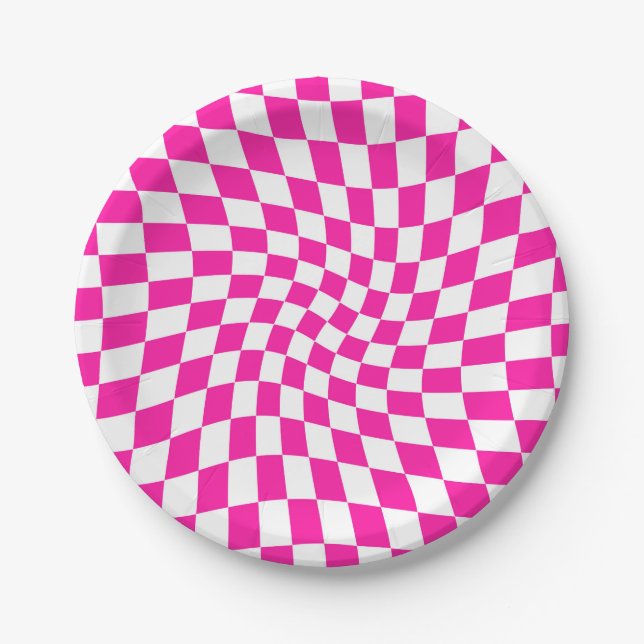 Retro Hot Pink Warped Checkerboard  Paper Plates (Front)