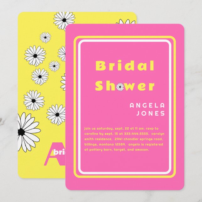 Retro Hot Pink/Yellow Daisies Bridal Shower  Invi Invitation (Front/Back)