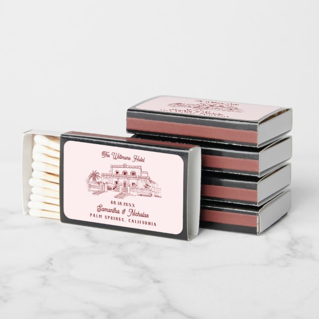 Retro Hotel Venue Sketch | Wedding Favor Matchboxes (Stacked)