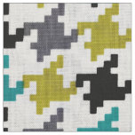 Retro Houndstooth Grey Olive-Yellow Teal Black Fabric
