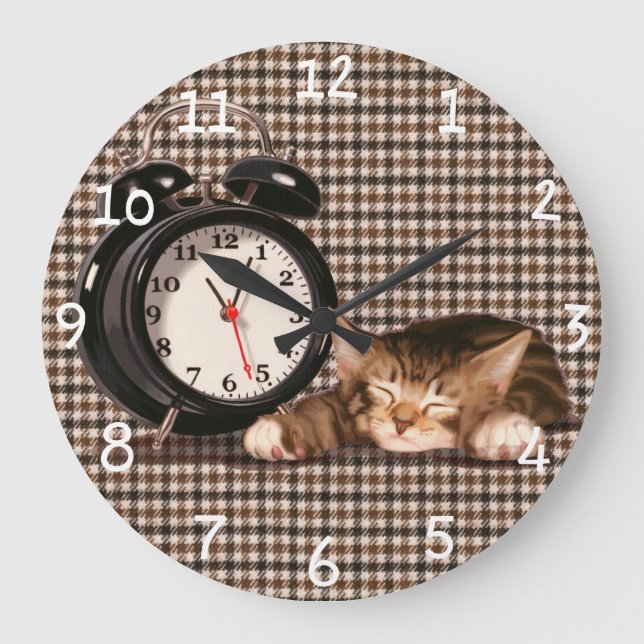 Retro houndstooth kitten large clock (Front)