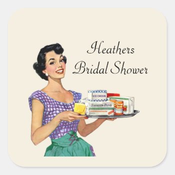Retro Housewife Bridal Shower  Square Sticker by SugSpc_Invitations at Zazzle