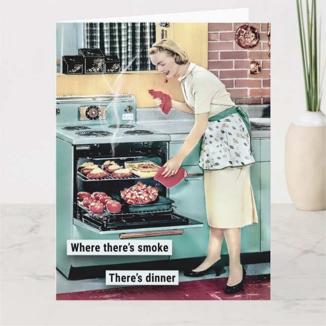 Retro Housewife Cooking Dinner Card (Front)