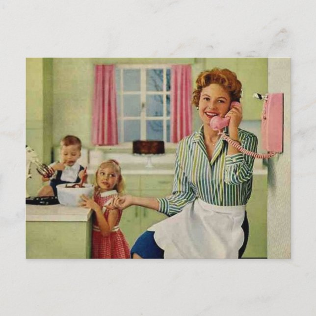 Retro Housewife & Family Postcard (Front)