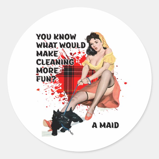Retro Housewife Humor Pin-up with Scottie Art Classic Round Sticker (Front)