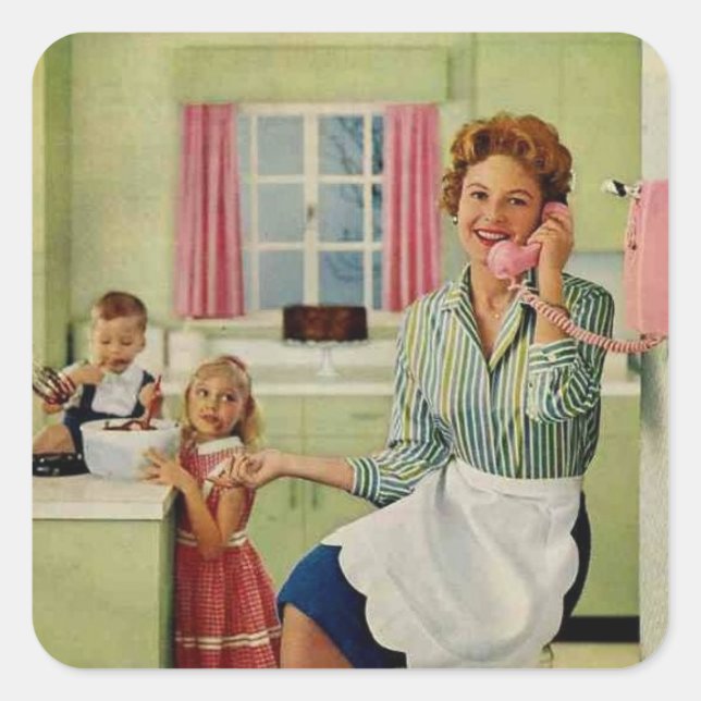 Retro Housewife in Kitchen Square Sticker (Front)