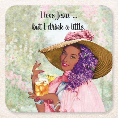 Retro Housewife of Color Hat Cocktail Flowers Square Paper Coaster