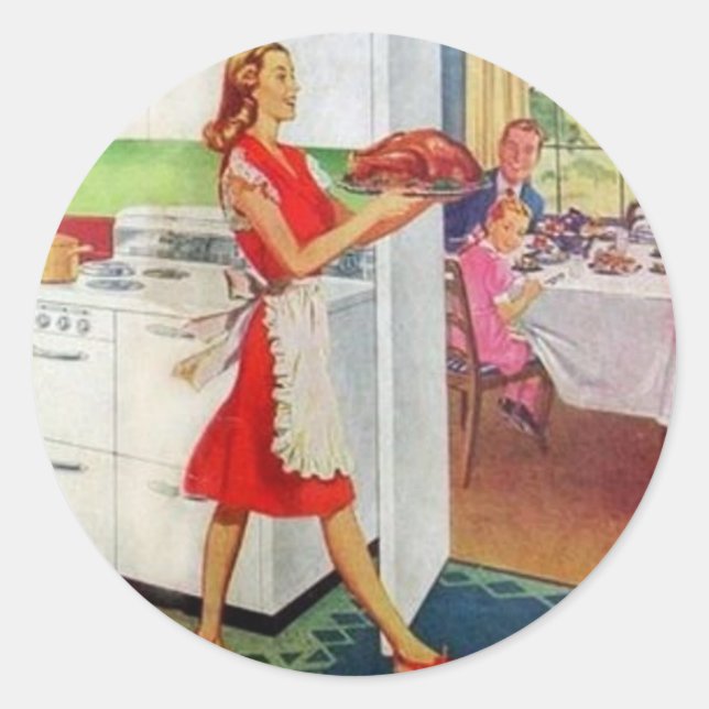 Retro Housewife on Thanksgiving Classic Round Sticker (Front)