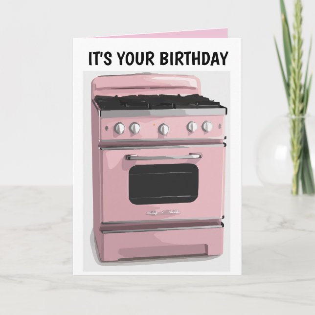 RETRO HOUSEWIFE PINK OVEN BIRTHDAY CARD (Front)