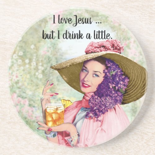 Retro Housewife Sun Hat Cocktail Flowers Coaster