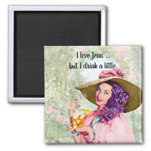 Retro Housewife Sun Hat Cocktail Flowers Magnet