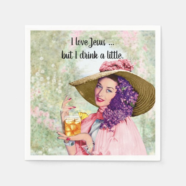 Retro Housewife Sun Hat Cocktail Flowers Napkins (Front)
