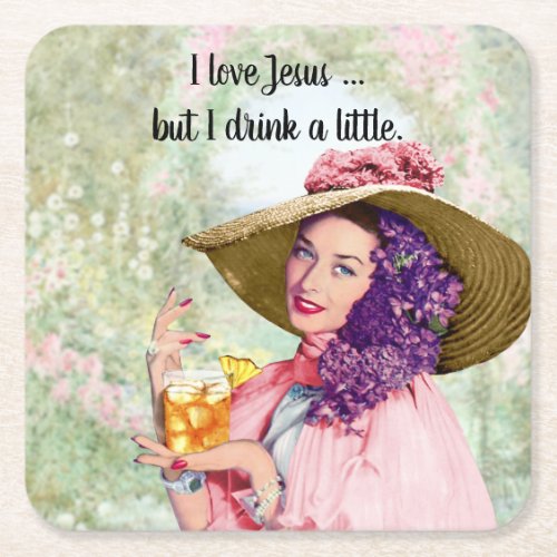 Retro Housewife Sun Hat Cocktail Flowers Square Paper Coaster