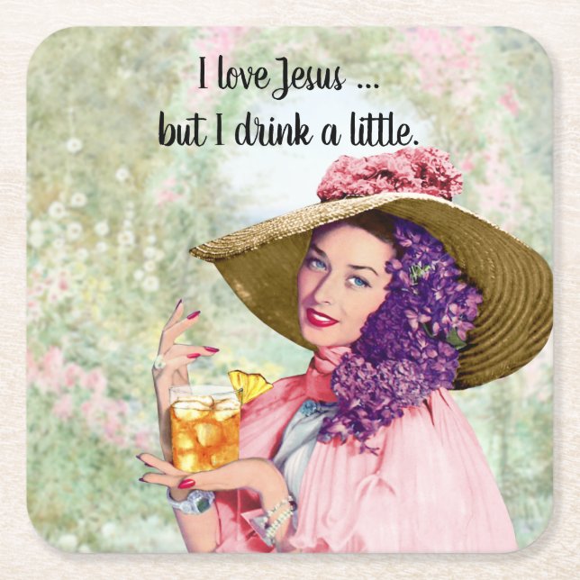 Retro Housewife Sun Hat Cocktail Flowers Square Paper Coaster (Front)