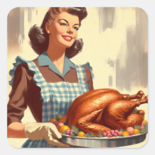 Retro Housewife Thanksgiving Turkey Vintage Square Sticker