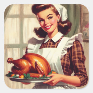 Retro Housewife Thanksgiving Turkey Vintage Square Sticker