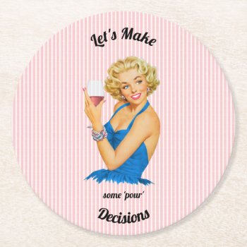 Retro Housewife Wine Pink Stripe Round Paper Coaster by HydrangeaBlue at Zazzle