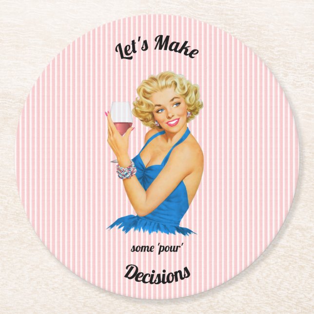 Retro Housewife Wine Pink Stripe Round Paper Coaster (Front)