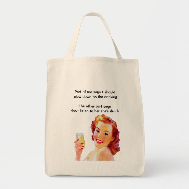 Retro Housewife with Cocktail Funny Drunk Quote Tote Bag (Front)
