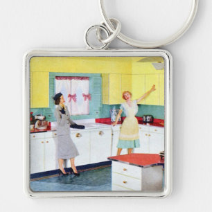 Retro Housewives in Kitchen Keychain