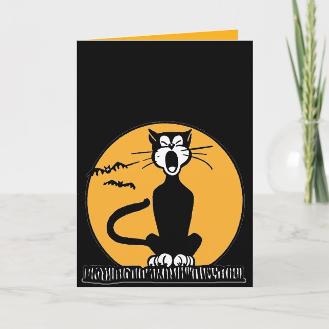 Retro Howling Black Cat Halloween Birthday Card (Front)