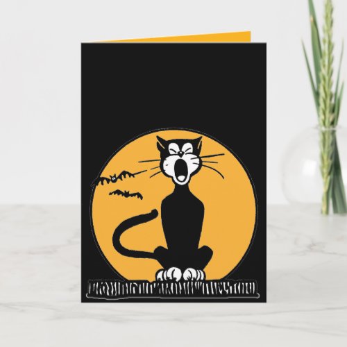 Retro Howling Black Cat Halloween Birthday Card