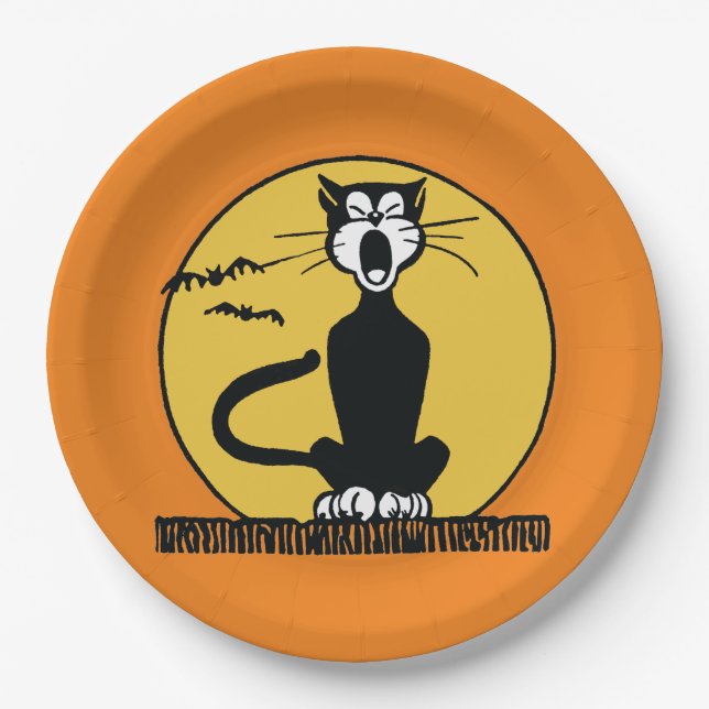 Retro Howling Halloween Cat Paper Plates (Front)