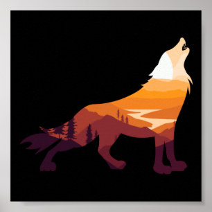 Retro Howling Wolf Landscape Wilderness Sunset Poster