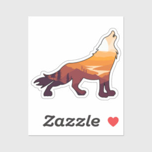 Retro Howling Wolf Landscape Wilderness Sunset Sticker