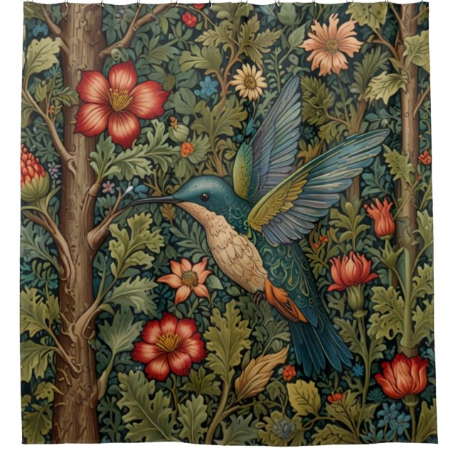 Retro hummingbird art nouveau boho chic shower curtain (Front)
