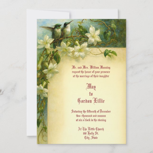 Retro Hummingbird Pair Floral Wedding Invitation (Front)