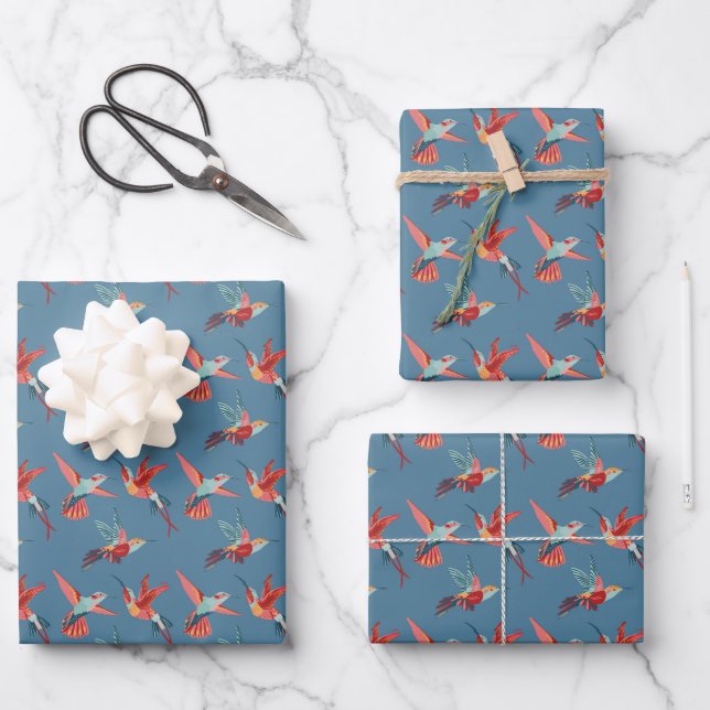 Retro Hummingbird Pattern Wrapping Paper Sheets (Front)