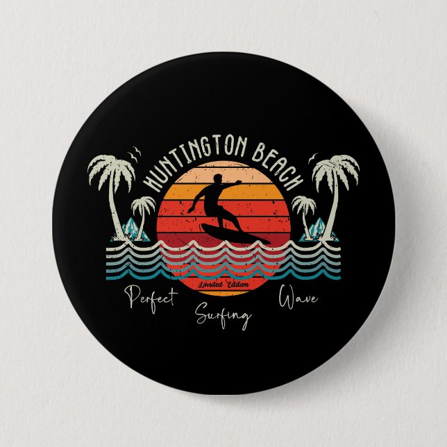 Retro Huntington Beach Surfing  Button (Front)