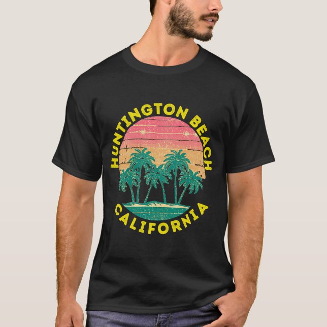 Retro Huntington Beach Vacation Souvenir Palm Tree T-Shirt (Front)