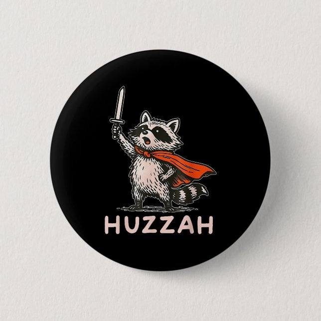 Retro Huzzah Raccoon Knight Funny Sword Meme Quote Button (Front)