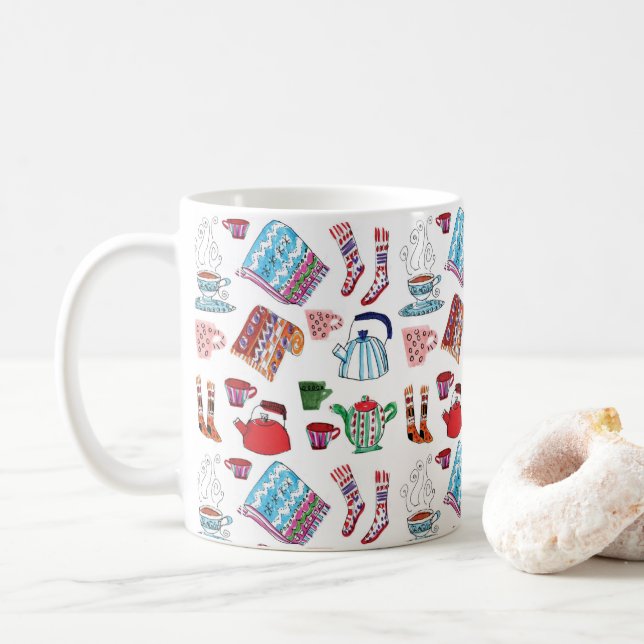 Retro Hygge Hand Drawn Tea Kettles Stockings Coffee Mug (With Donut)