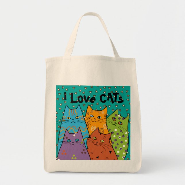 Retro i Love Cats Grocery Tote Bag (Front)