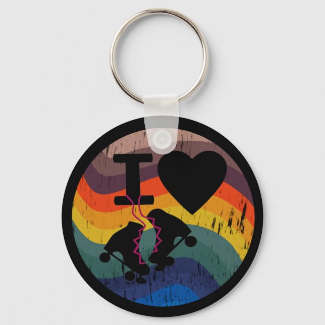 Retro I Love Roller Skating Distressed Look Keychain (Front)