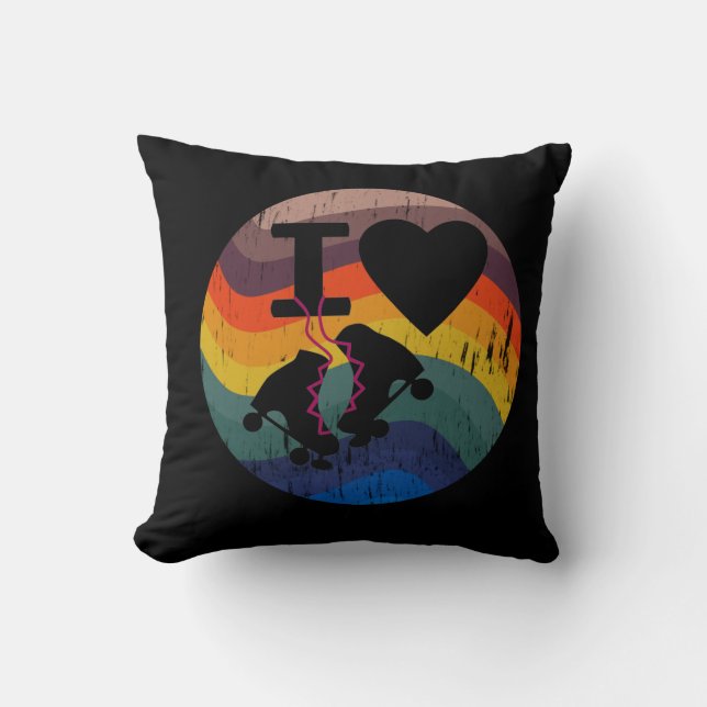 Retro I Love Roller Skating Distressed Look Throw Pillow (Front)