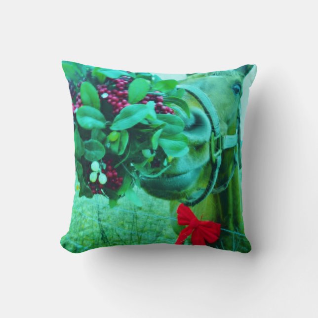 Retro Ice Blue, Brown Horse,Christmas Red Bow Throw Pillow (Front)