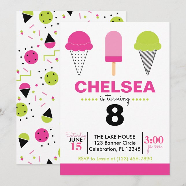 Retro Ice Cream Birthday Invitation – Pink & Mint  (Front/Back)