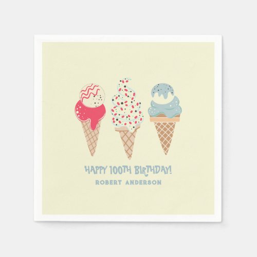 Retro Ice Cream Cone 100th Birthday Custom Napkins